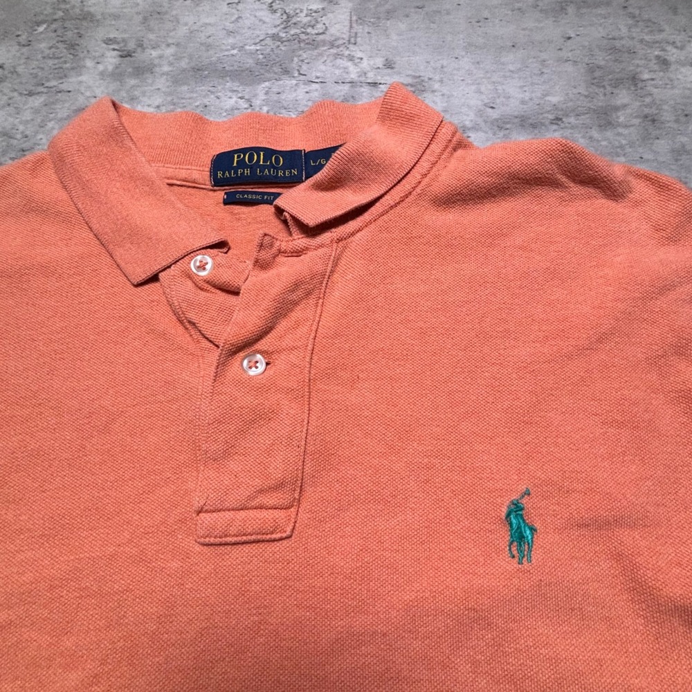 Polo Ralph Lauren Polo Shirt Large Orange Classic Fit Short Sleeve Teal Pony